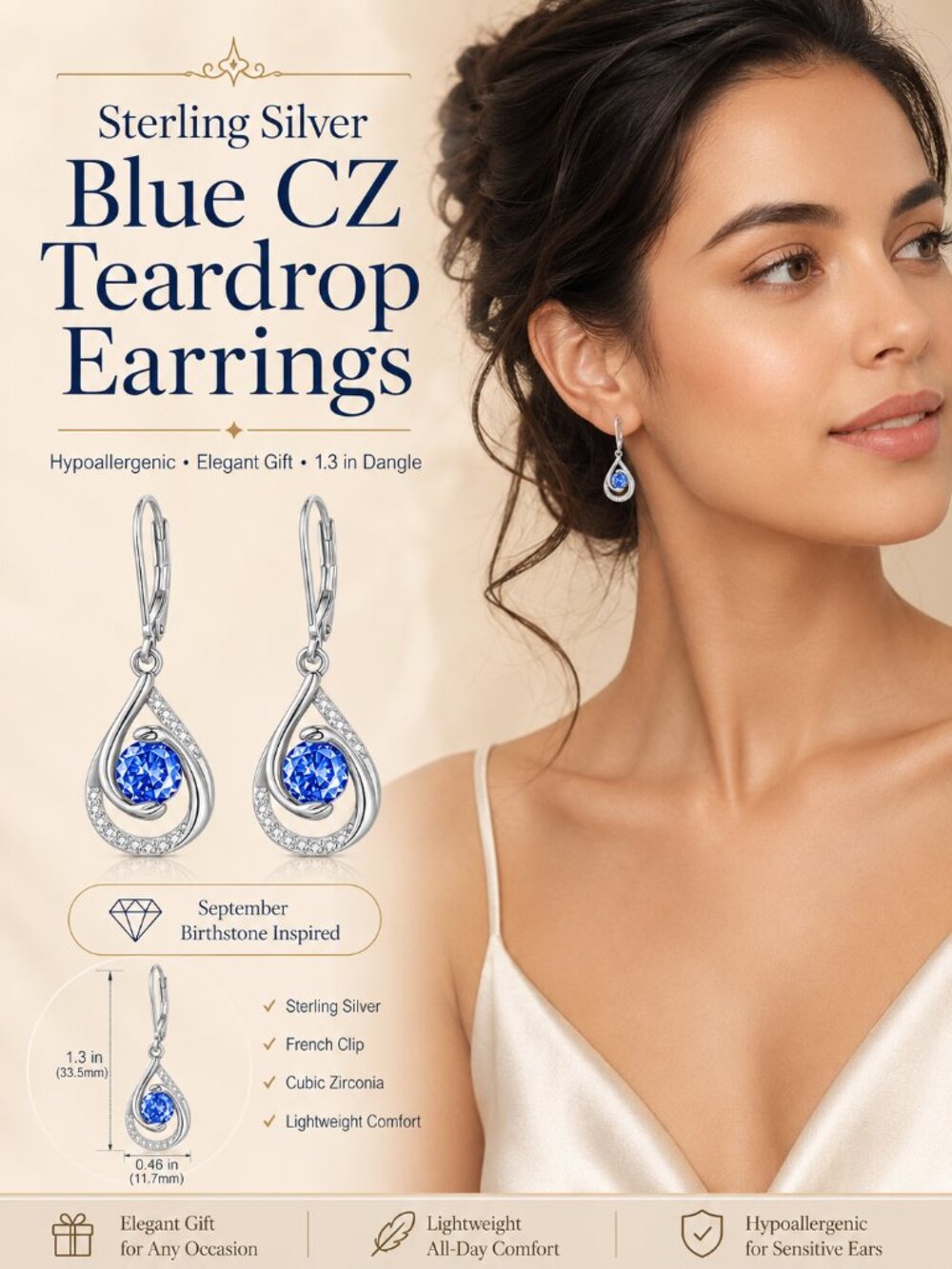 Sterling Silver Blue Sapphire CZ Teardrop Dangle Earrings 925 French Clip